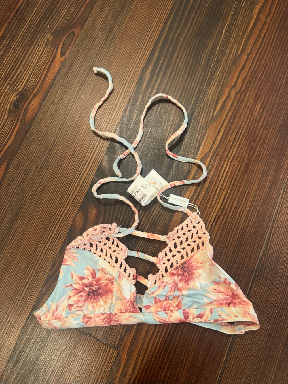Floral Crochet Trim Bikini Top - Pink & Light Blue Frankies Bikini XS